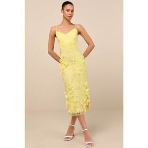 NWT Lulus Limitless Adoration Yellow 3D Floral Embroidered Midi Dress Fairy Sz M